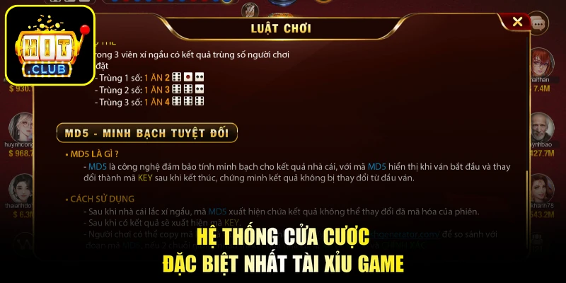 Hệ thống cửa cược đặc biệt nhất tài xỉu game