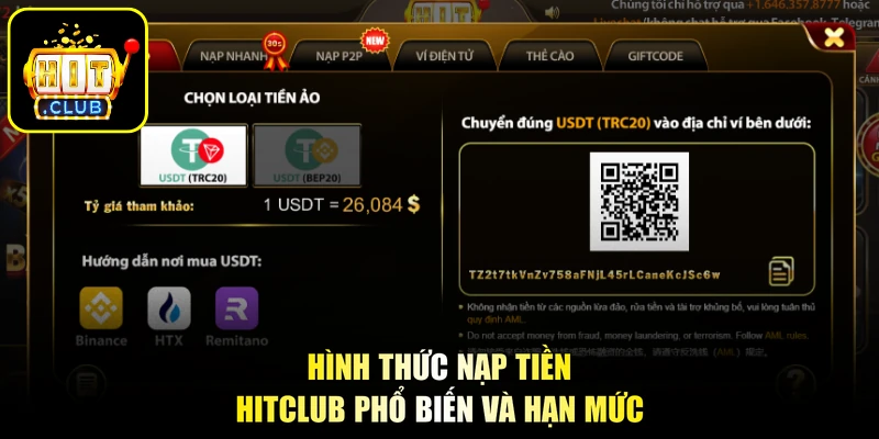 Hình thức nạp tiền HITCLUB phổ biến và hạn mức